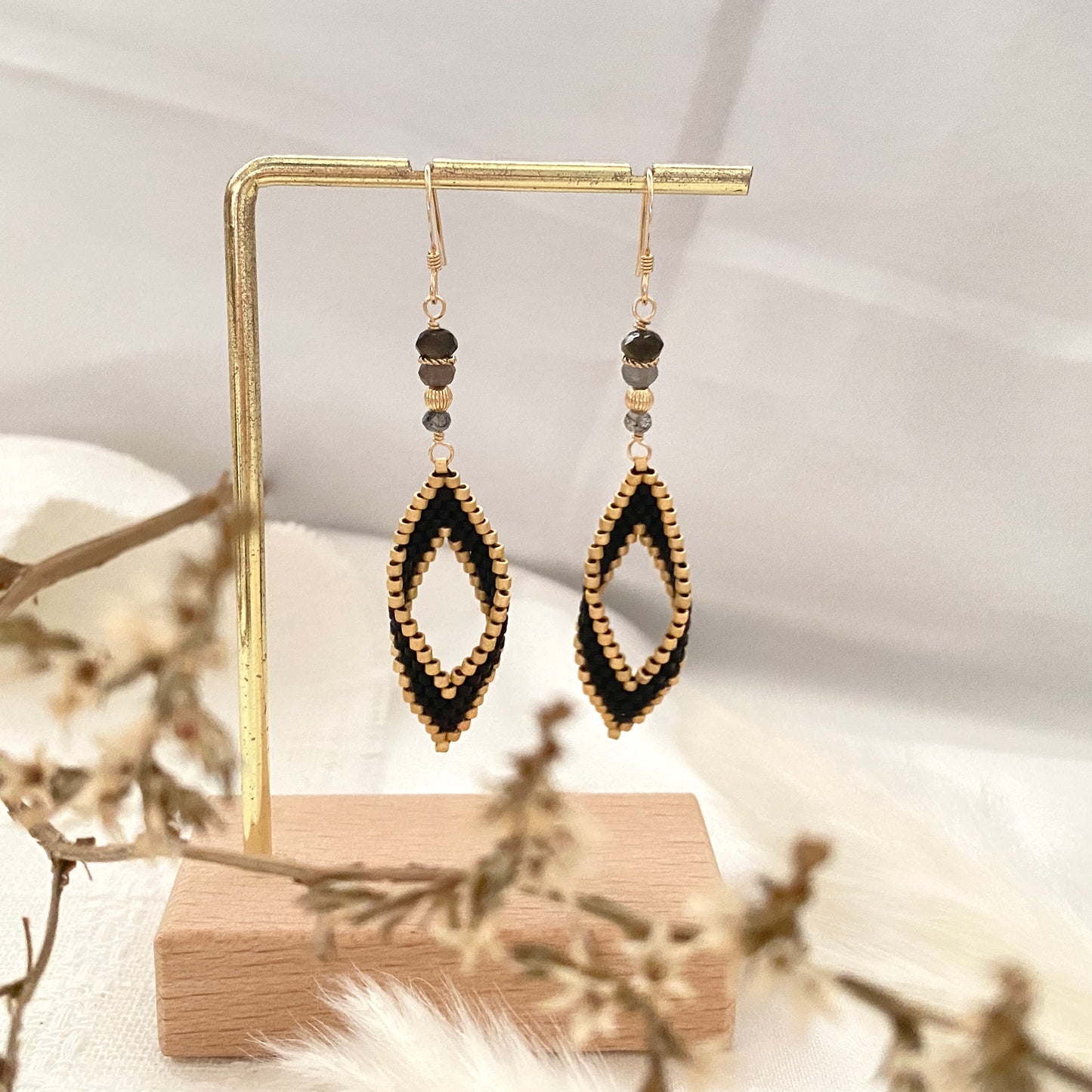 Gold Black Marquise Earring