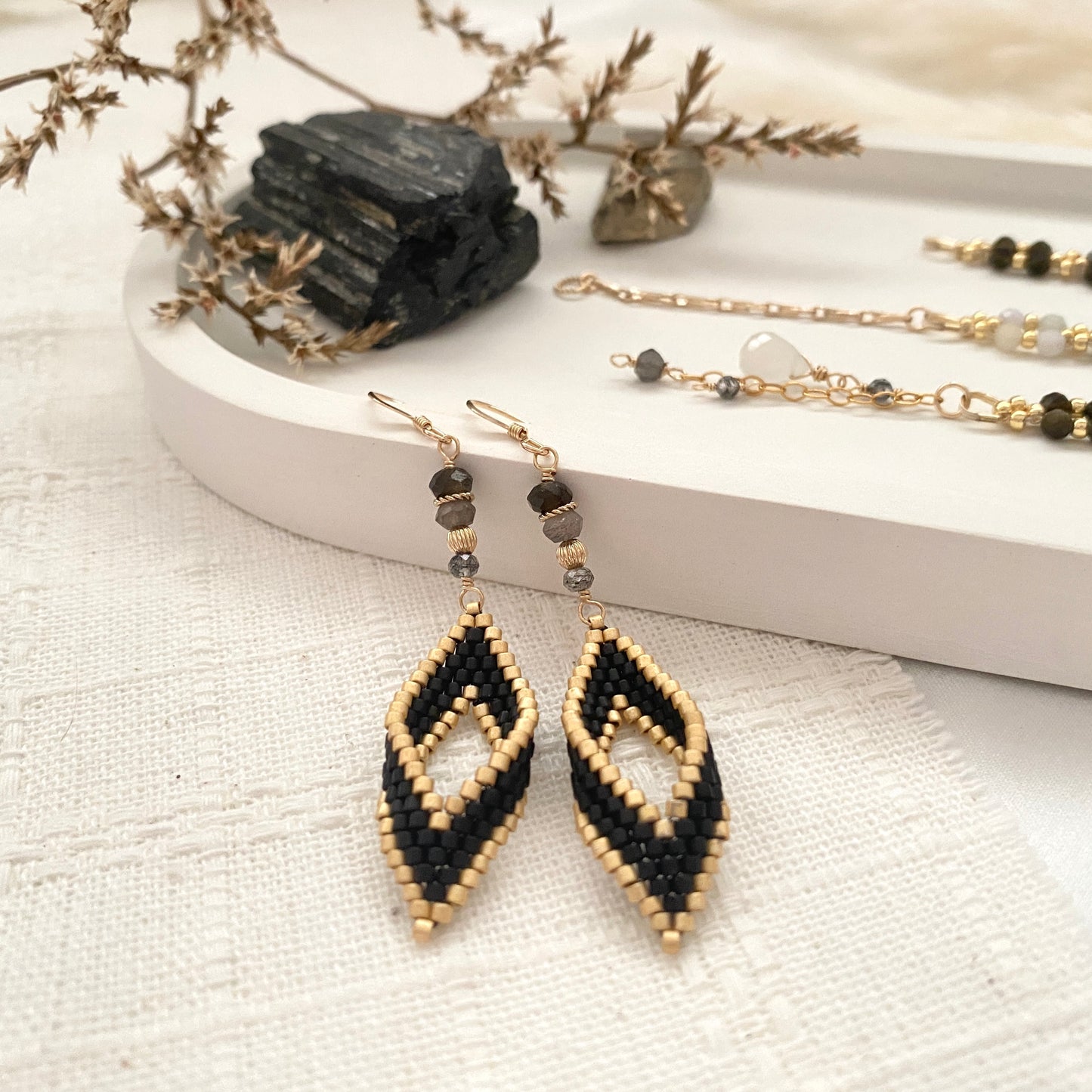 Gold Black Marquise Earring