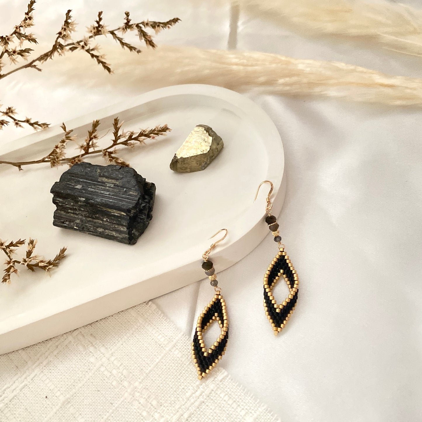 Gold Black Marquise Earring